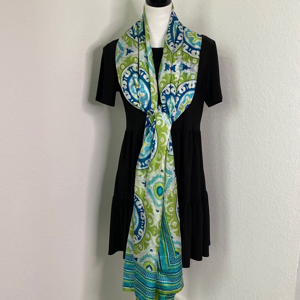 Terencia‎ Satin Silk Collection Scarf Green Blue Paisley Print Bandana Neck Wrap